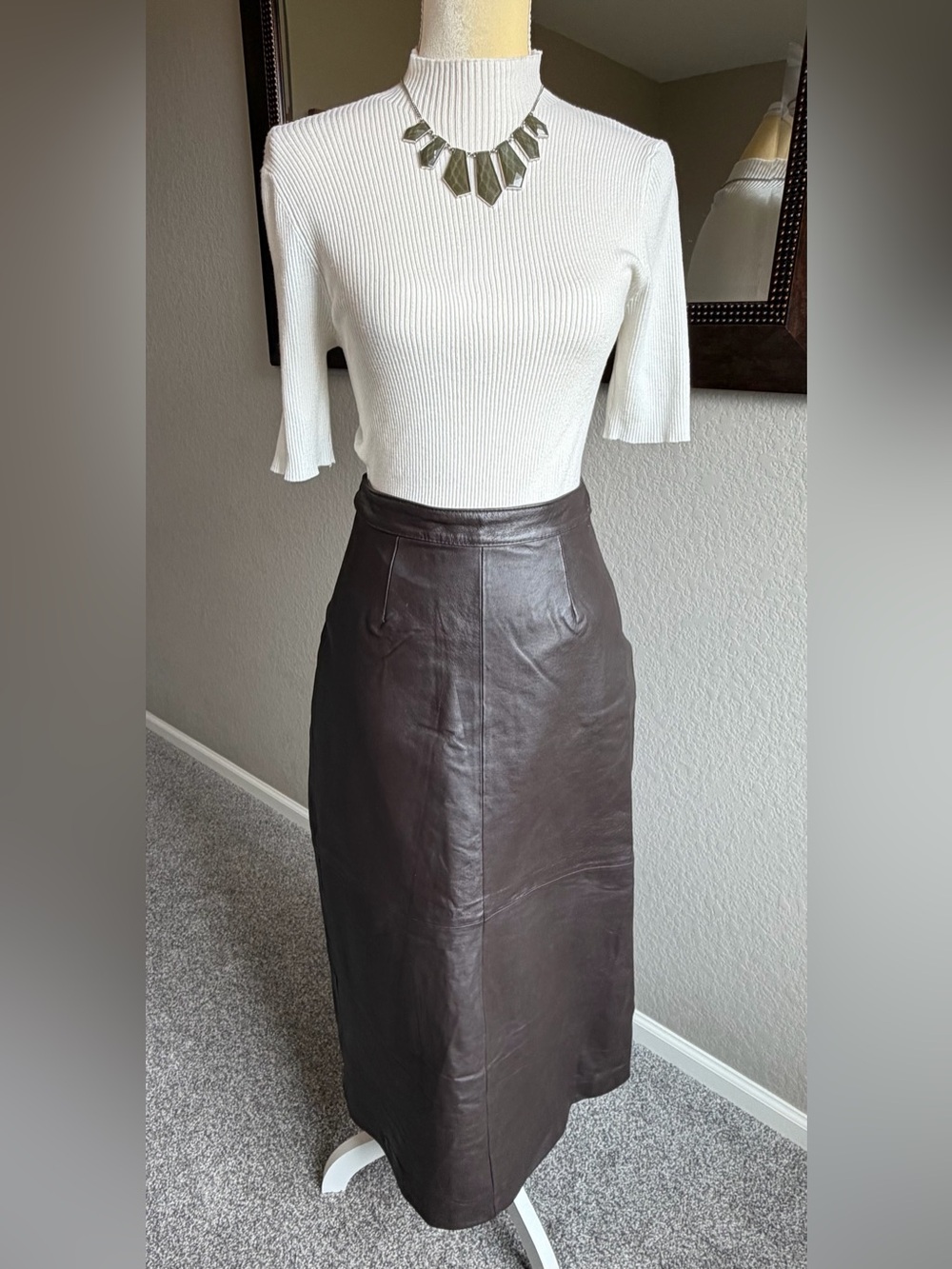 Vintage Lew Magram New York Brown Long Leather Skirt Size 6 Money Quiet Luxury